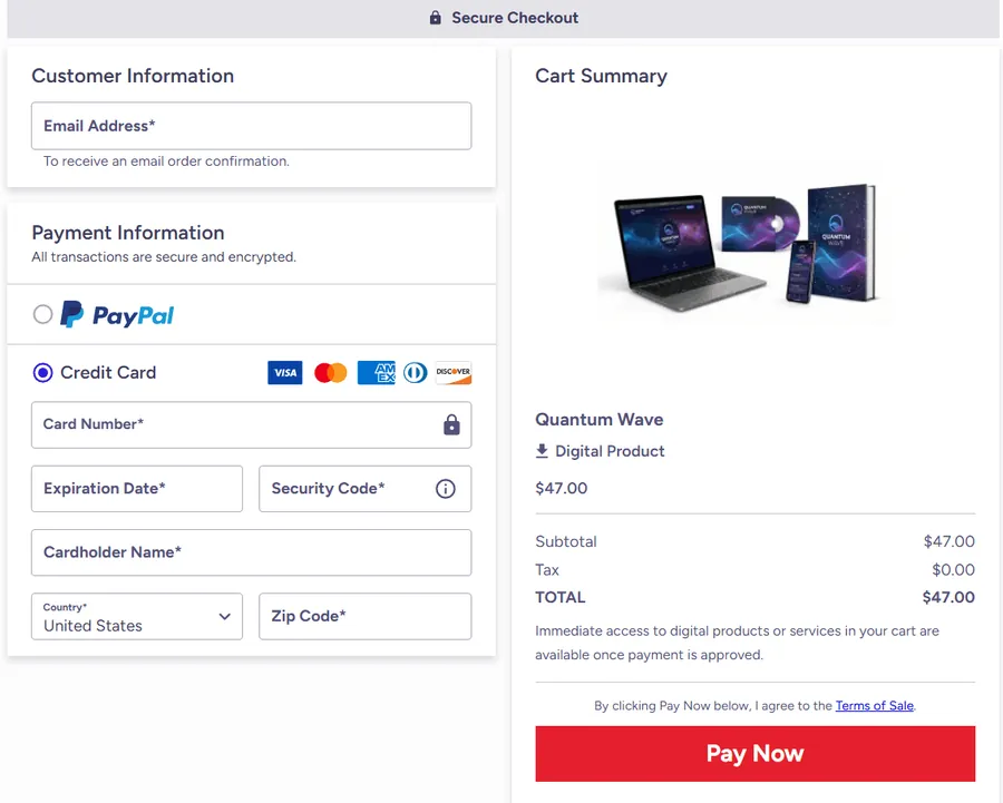 Quantum Wave secure checkout page showing $47 total and PayPal or credit card payment